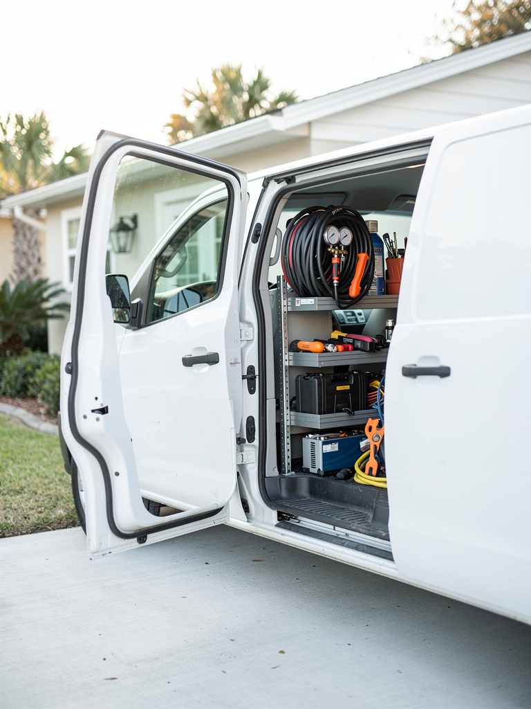 A Millis Air Conditioning service van with neatly organized HVAC tools, parked at a Jacksonville home in soft morning light